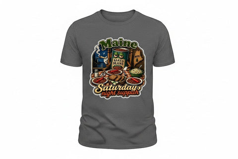Dailey Woodworking dark grey short sleeve t-shirt with a humorous Maine Saturday Night Suppah graphic featuring a can of baked beans, hot dogs, brown bread, and coleslaw.
