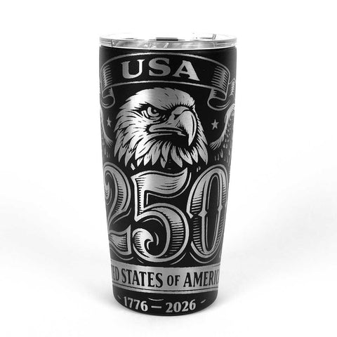 Dailey Woodworking 20 oz black stainless steel tumbler with engraved eagle graphic and "USA 250 1776-2026" text.