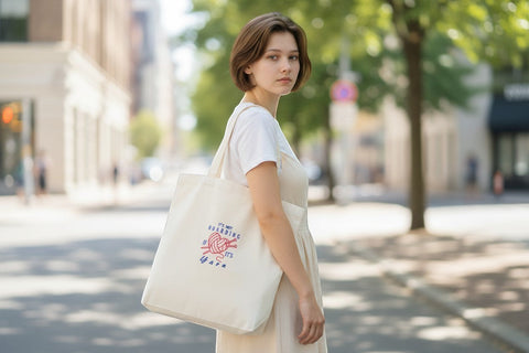 Dailey Woodworking natural canvas tote bag with embroidered "It's Not Hoarding If It's Yarn" text and yarn ball graphic.