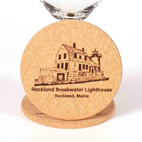 Cork Coaster with image of Rockland Breakwater Lighthouse laser engraved onto it - Dailey Woodworking