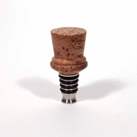 Footed Stainless Steel Bottle Stopper made in Maple Burl with a Top Hat Design - Dailey Woodworking