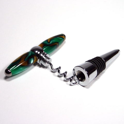 Corkscrew and bottle stopper combination made in Green and Gold Marble - Dailey Woodworking