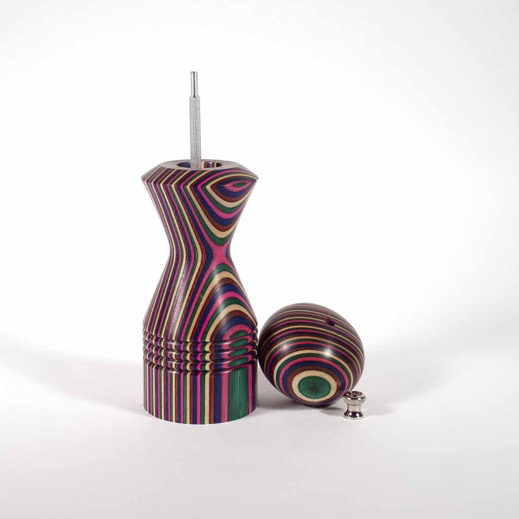 8 Inch Five Color Morrison Pepper Mill with the head and adjustment knob sitting beside the mill - Dailey Woodworking