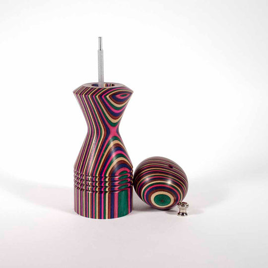 8 Inch Five Color Morrison Pepper Mill with the head and adjustment knob sitting beside the mill - Dailey Woodworking