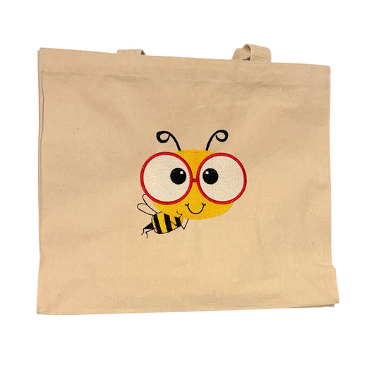 Embroidered Bee with Glasses Canvas Tote Bag – Cute Nerdy Bee Reusable Shopping Bag