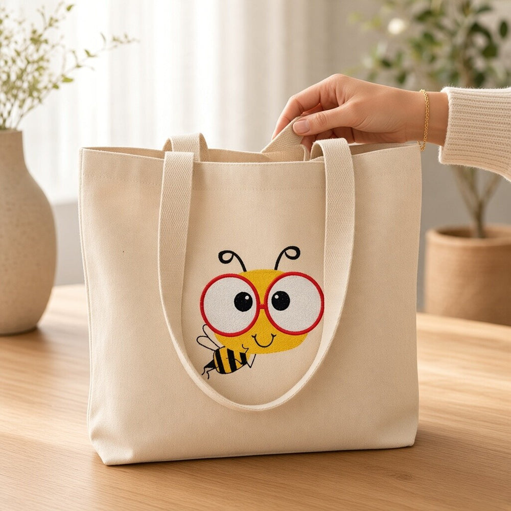 Embroidered Bee with Glasses Canvas Tote Bag – Cute Nerdy Bee Reusable Shopping Bag