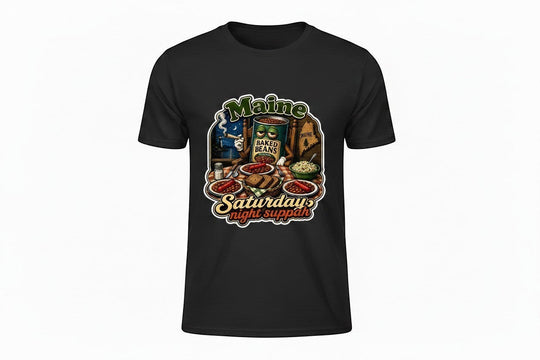 Dailey Woodworking black short sleeve t-shirt with a humorous Maine baked beans Saturday night suppah graphic.