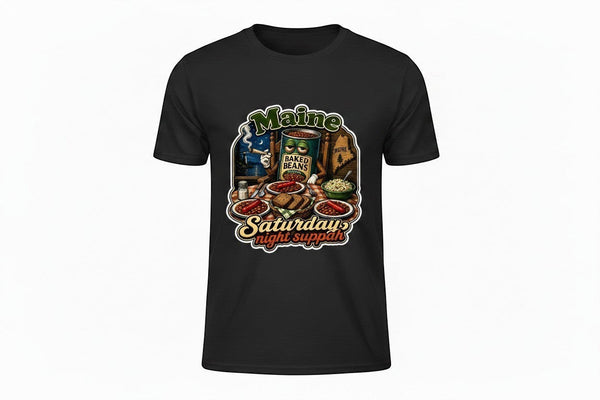 Dailey Woodworking black short sleeve t-shirt with a humorous Maine baked beans Saturday night suppah graphic.
