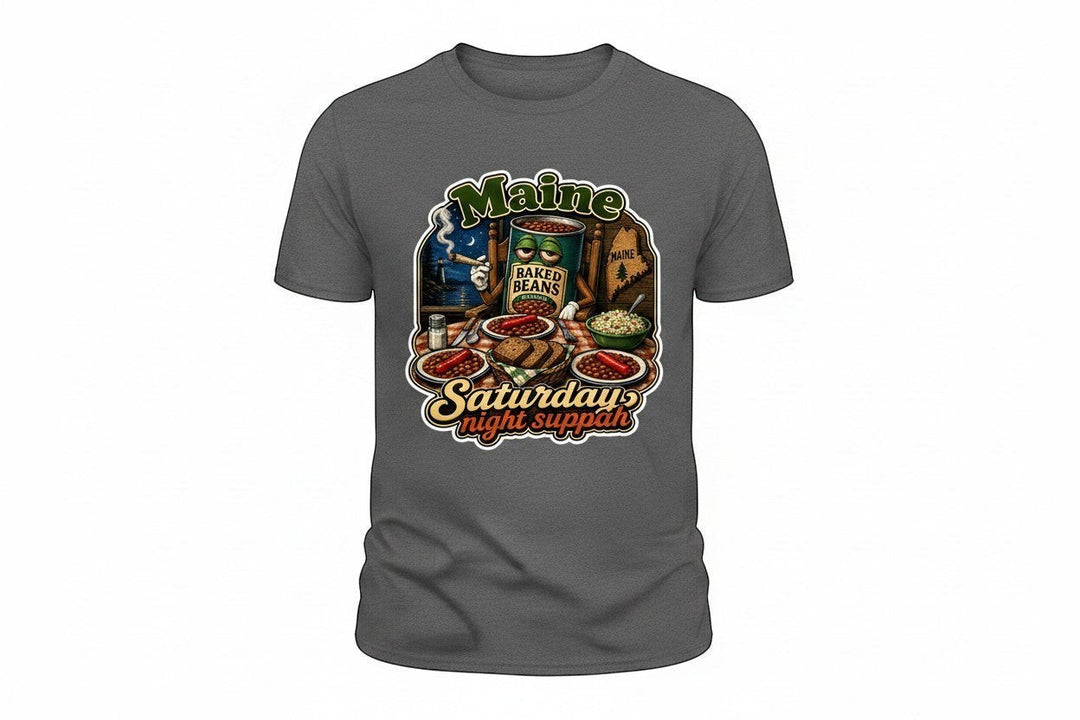 Dailey Woodworking dark grey short sleeve t-shirt with a humorous Maine Saturday Night Suppah graphic featuring a can of baked beans, hot dogs, brown bread, and coleslaw.
