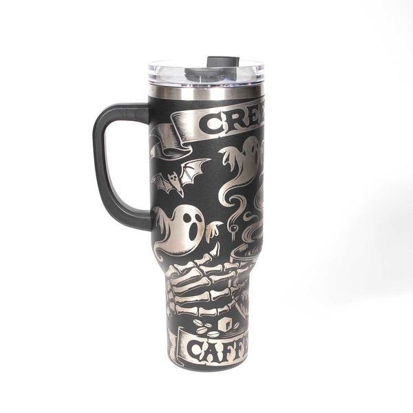40 ounce black powder coated travel mug with Halloween-themed design and "Creepin it Caffeinated" text on a stainless steel background. Side 2