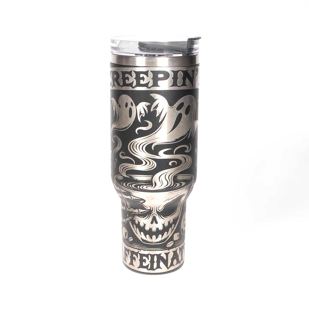40 ounce black powder coated travel mug with Halloween-themed design and "Creepin it Caffeinated" text on a stainless steel background. Side 1