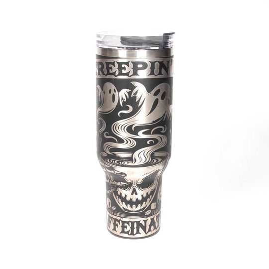 40 ounce black powder coated travel mug with Halloween-themed design and "Creepin it Caffeinated" text on a stainless steel background. Side 1