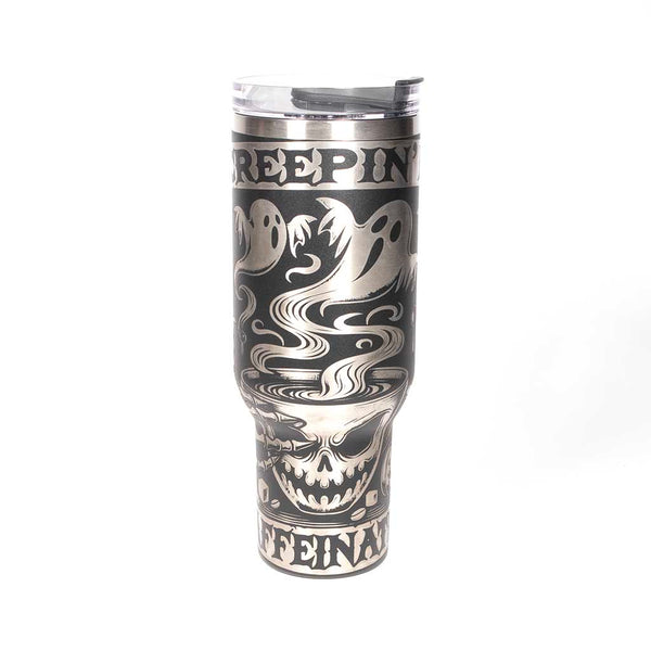 40 ounce black powder coated travel mug with Halloween-themed design and "Creepin it Caffeinated" text on a stainless steel background. Side 1