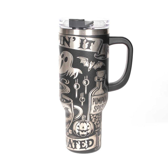 40 ounce black powder coated travel mug with Halloween-themed design and "Creepin it Caffeinated" text on a stainless steel background. Side 3