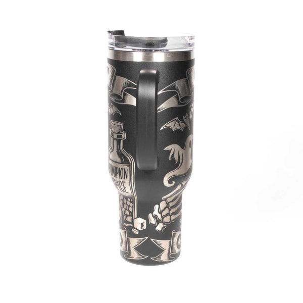 40 ounce black powder coated travel mug with Halloween-themed design and "Creepin it Caffeinated" text on a stainless steel background. Side 4