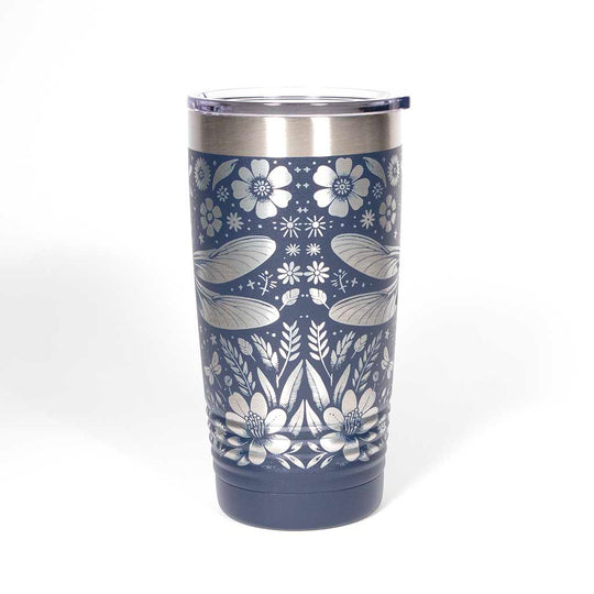 Navy blue 20 ounce tumbler with floral and dragonfly design on a stainless steel background - side 2