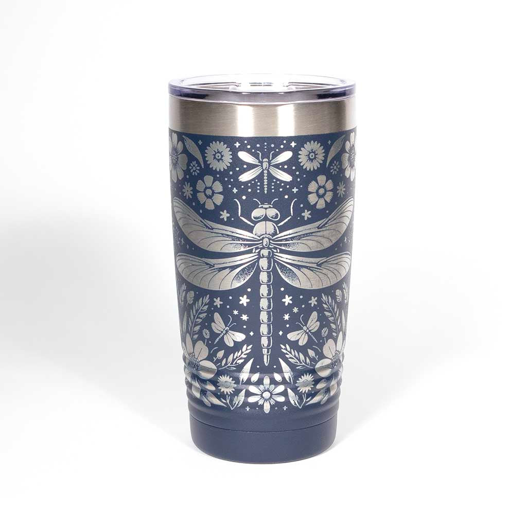 Navy blue 20 ounce tumbler with floral and dragonfly design on a stainless steel background - side 3