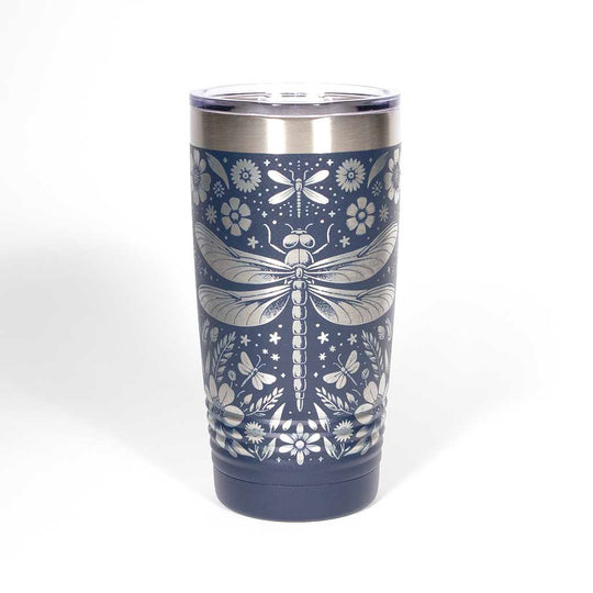 Navy blue 20 ounce tumbler with floral and dragonfly design on a stainless steel background - side 3