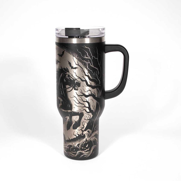 This is a black 40 ounce tumbler with a screw on lid with a drinking hole access and a straw. The laser engraving is of a headless horseman on his trusty steed. Side 3