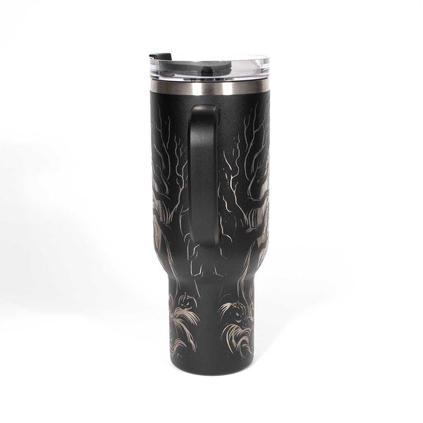 This is a black 40 ounce tumbler with a screw on lid with a drinking hole access and a straw. The laser engraving is of a headless horseman on his trusty steed. Side 4
