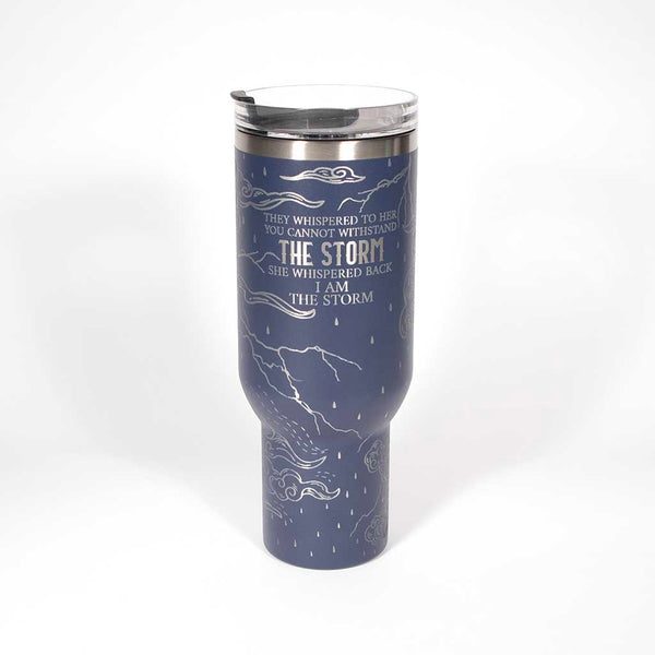 Blue 40 ounce tumbler with motivational quote on a stainless steel background
