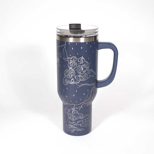 Blue 40 ounce tumbler with motivational quote on a stainless steel background. Side 2