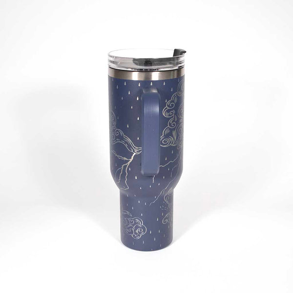 Blue 40 ounce tumbler with motivational quote on a stainless steel background. Side 4