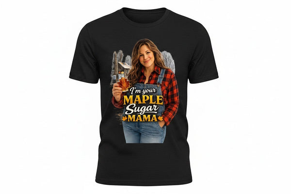 Black Gildan 8000 t-shirt with a graphic of a woman in overalls and a plaid shirt holding maple syrup.
