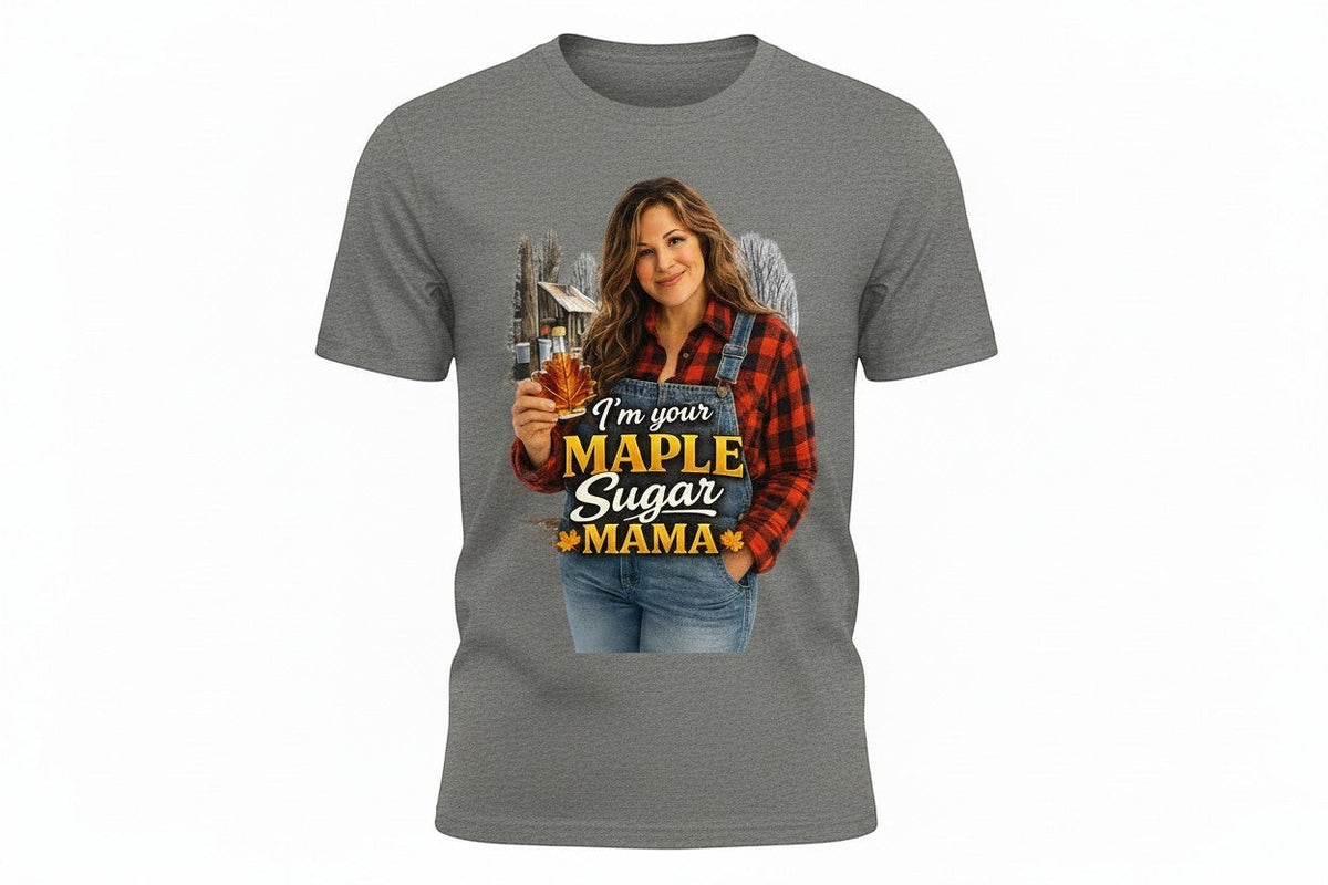 Grey Gildan DryBlend t-shirt with a graphic of a woman in overalls and a red plaid shirt holding a maple leaf bottle of syrup. Text reads "I'm Your Maple Sugar Mama."