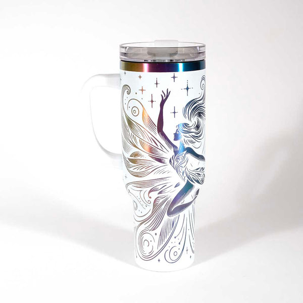 40 ounce travel mug with a fairy design on a white background. side 1