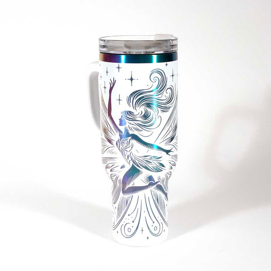 40 ounce travel mug with a fairy design on a white background. side 2