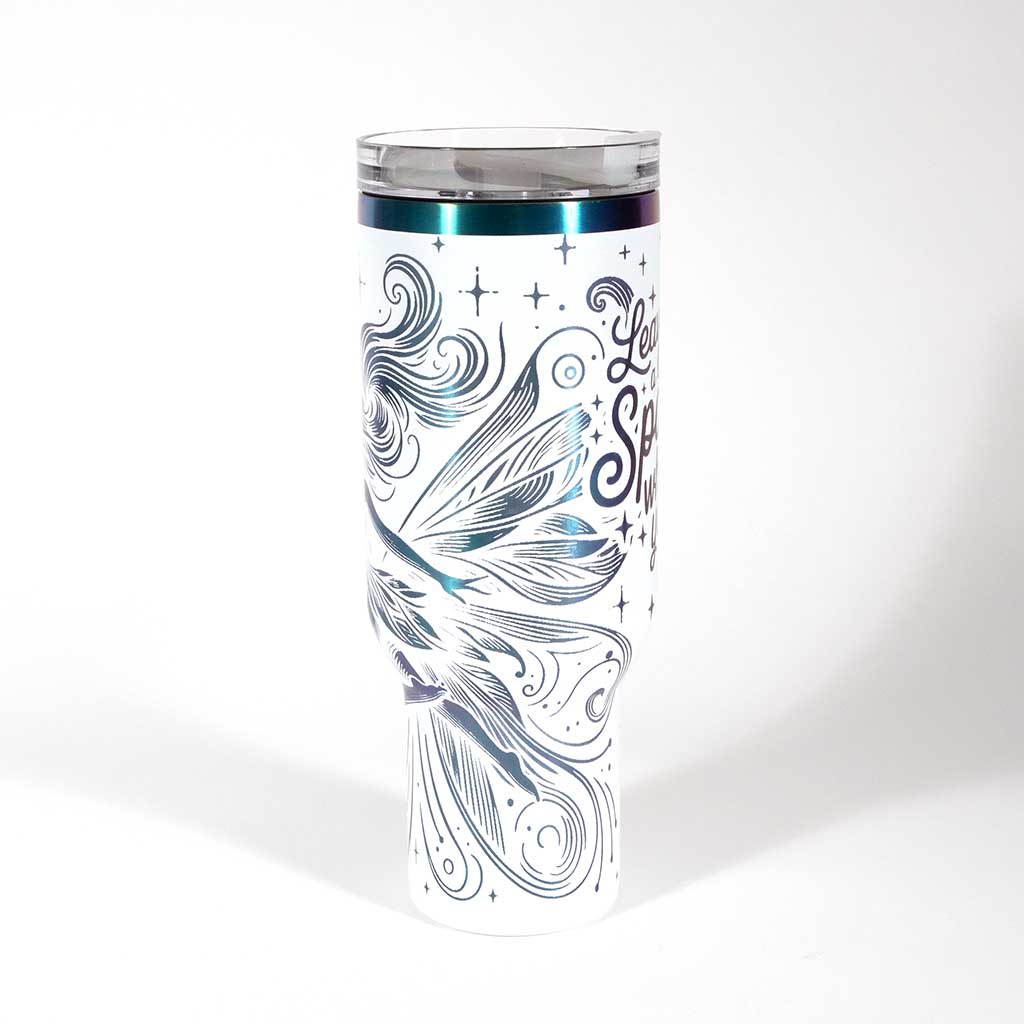 40 ounce travel mug with a fairy design on a white background. side 3