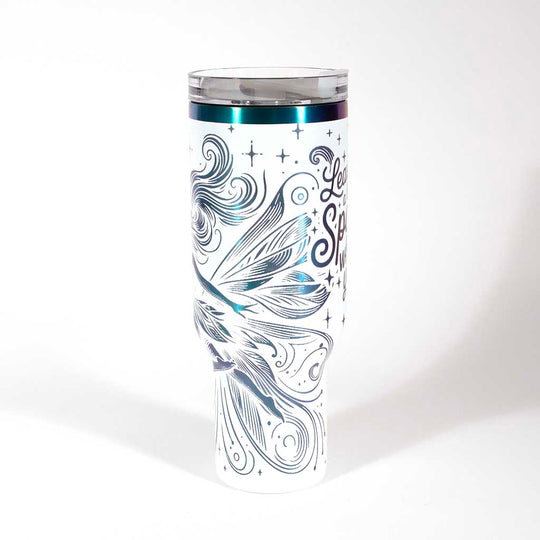 40 ounce travel mug with a fairy design on a white background. side 3
