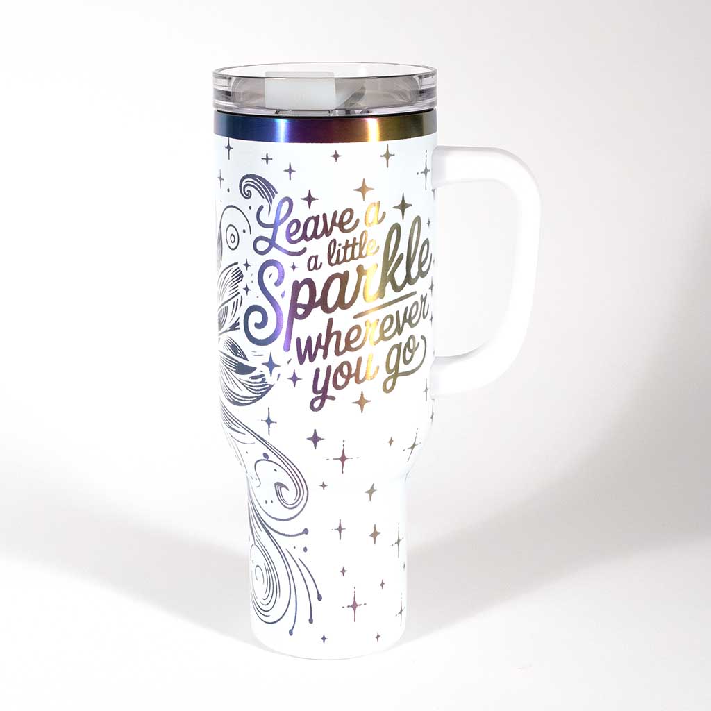 40 ounce travel mug with a fairy design on a white background. side 4