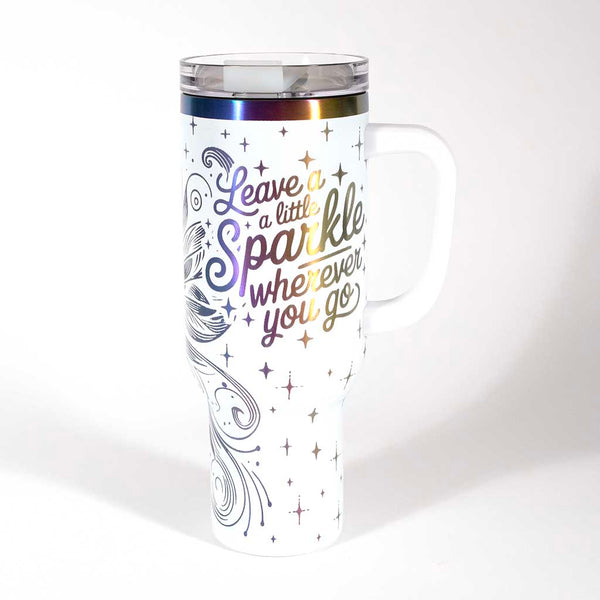 40 ounce travel mug with a fairy design on a white background. side 4