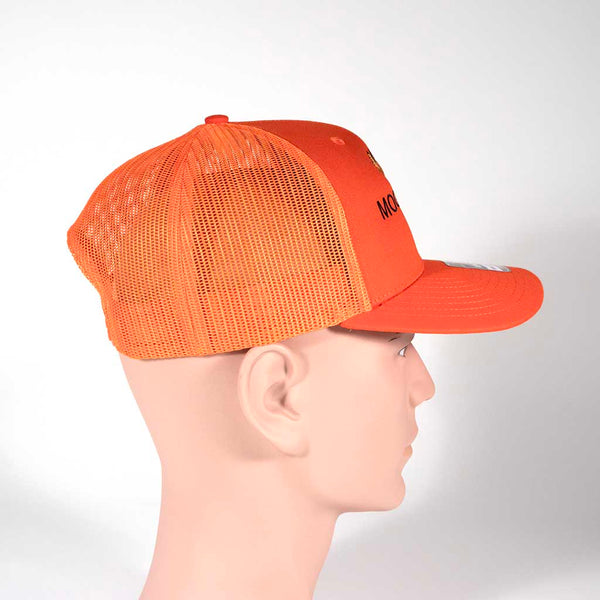 Orange cap with 'Maine Moose Hunt 2025' text and moose graphic on a mannequin head against a white background. From the right side. 