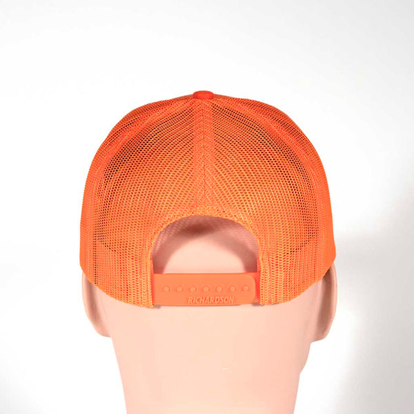 Orange cap with 'Maine Moose Hunt 2025' text and moose graphic on a mannequin head against a white background. From the back.