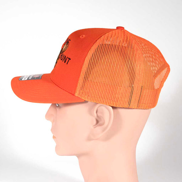 Orange cap with 'Maine Moose Hunt 2025' text and moose graphic on a mannequin head against a white background. From the left side.