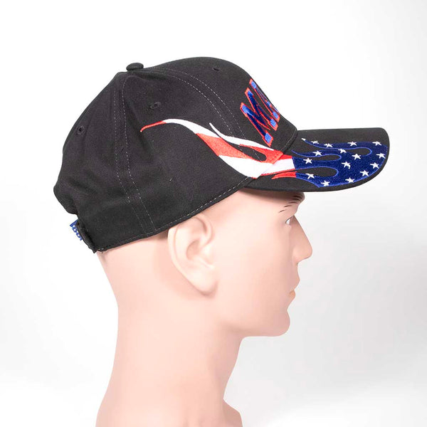 Black cap with 'MAINE' text and red, white and blue flame design on a mannequin head against a white background. Right side view. 