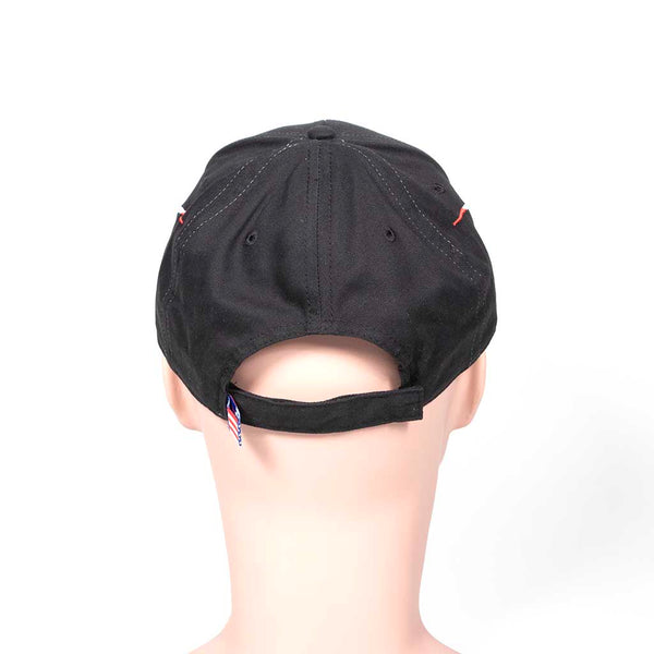 Black cap with 'MAINE' text and red, white and blue flame design on a mannequin head against a white background. Back view.