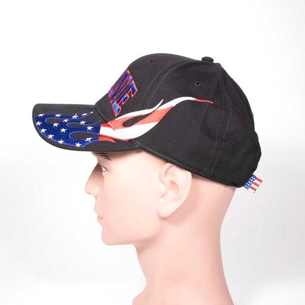 Black cap with 'MAINE' text and red, white and blue flame design on a mannequin head against a white background. Left side view