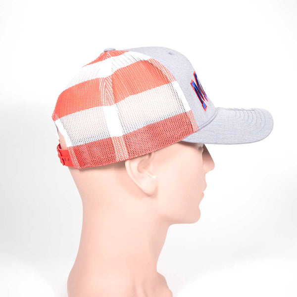 Gray cap with 'MAINE' in red and blue on a mannequin head with red, white and blue mesh back. Side 2