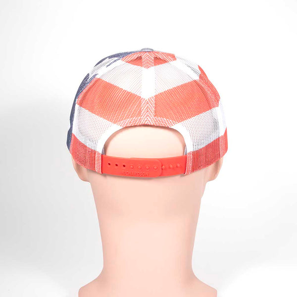 Gray cap with 'MAINE' in red and blue on a mannequin head with red, white and blue mesh back. Side 3