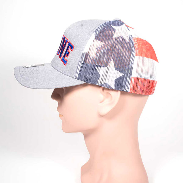 Gray cap with 'MAINE' in red and blue on a mannequin head with red, white and blue mesh back. Side 4