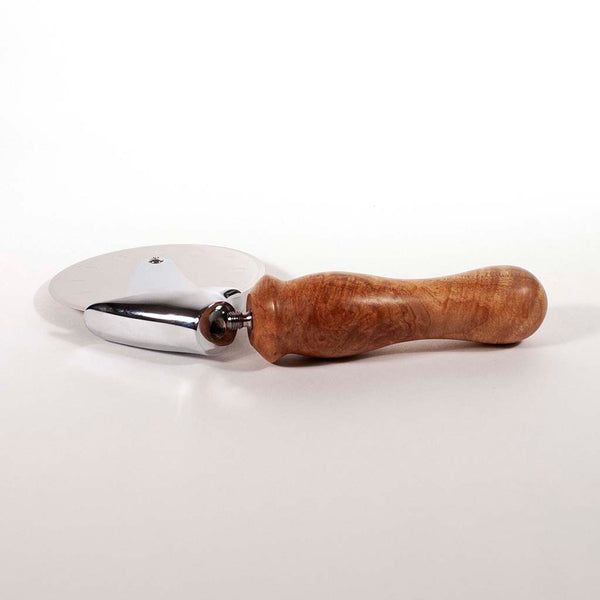 Maple Burl Stainless Steel Pizza Cutter with handle unscrewed - Dailey Woodworking