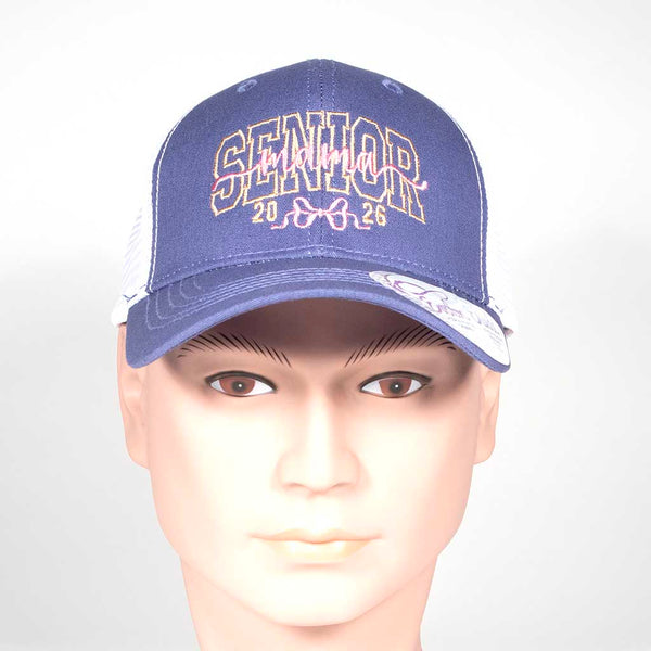 Violet and white cap with 'SENIOR Mama 2026' text on a mannequin head against a white background, front view