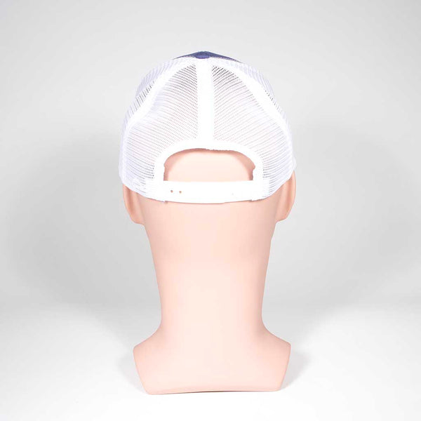 Violet and white cap with 'SENIOR Mama 2026' text on a mannequin head against a white background, back side view