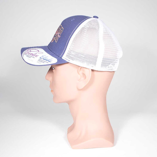 Violet and white cap with 'SENIOR Mama 2026' text on a mannequin head against a white background, left side view