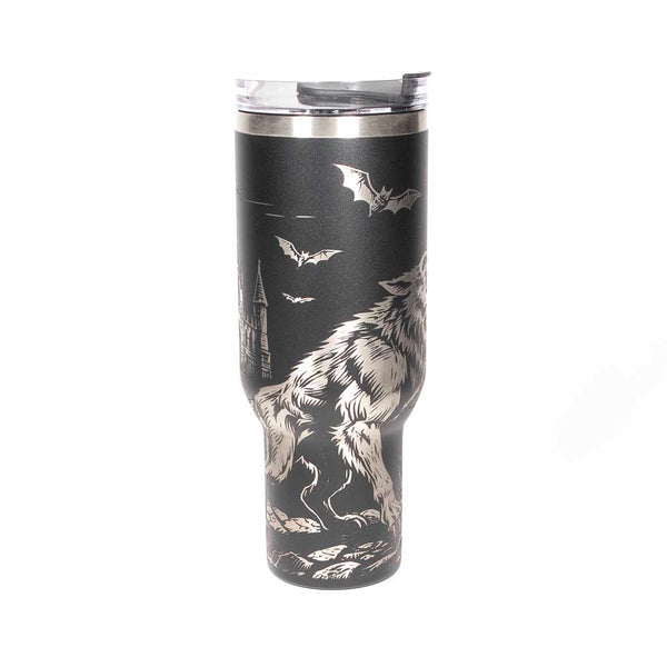 40 ounce travel mug with a werewolf, bats and a gothic cathedral design on a black background. Side 3