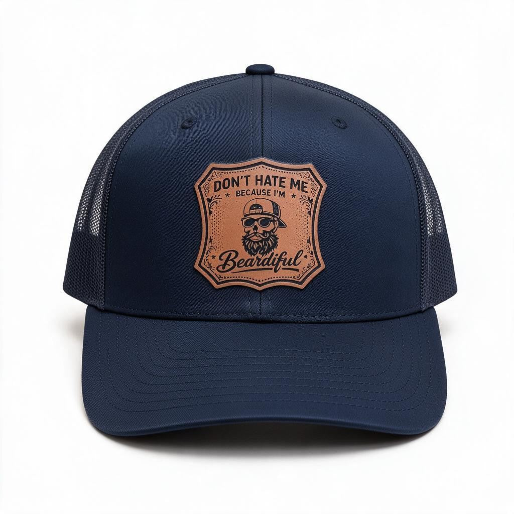 A navy blue trucker hat with a structured front panel and mesh back, featuring a tan shield-shaped patch on the front with a bearded man wearing a hat and the text &